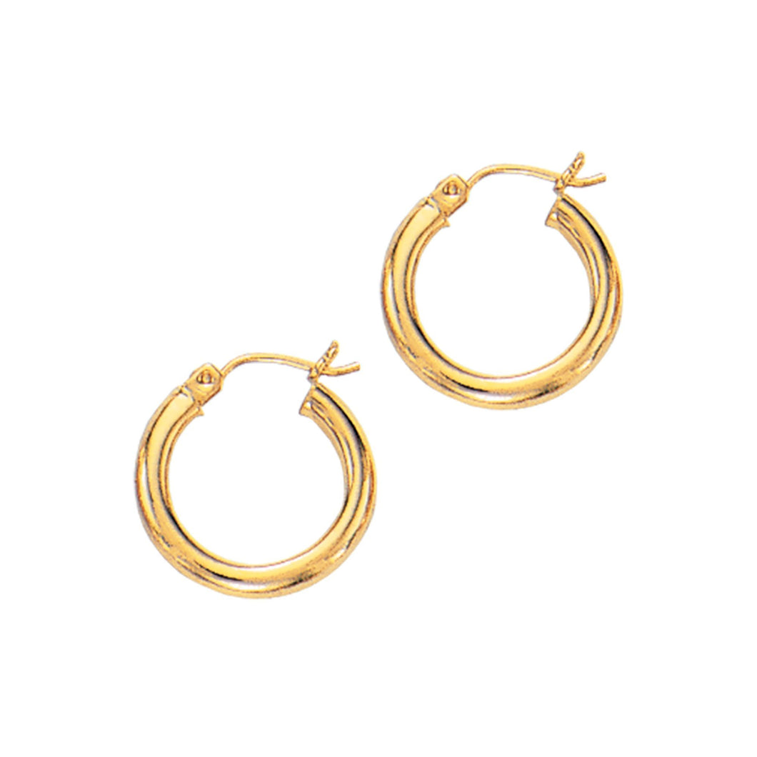 14Kt Yellow Gold 3X15mm Shiny Round Tube Hoop Fancy Earring with Hinged Clasp