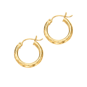 14Kt Yellow Gold 3X20mm Shiny Diamond Cut Round Tube Design Hoop Earring with Hinged Clasp