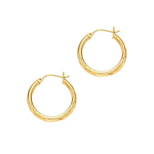 14Kt Yellow Gold 3X25mm Shiny Diamond Cut Round Tube Design Hoop Earring with Hinged Clasp