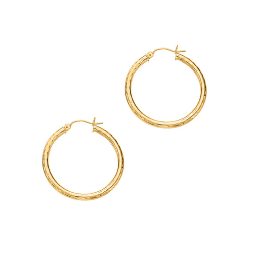 14Kt Yellow Gold 3X30mm Shiny Diamond Cut Round Tube Design Hoop Earring with Hinged Clasp