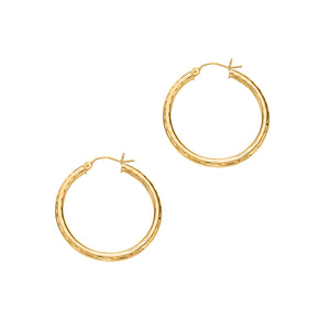 14Kt Yellow Gold 3X30mm Shiny Diamond Cut Round Tube Design Hoop Earring with Hinged Clasp