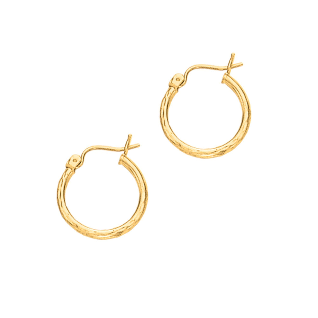 14Kt Yellow Gold 2X15mm Shiny Diamond Cut Round Tube Design Hoop Earring with Hinged Clasp
