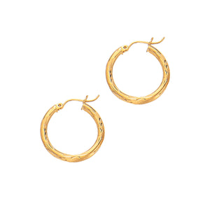 14Kt Yellow Gold 2X15mm Shiny Diamond Cut Round Tube Hoop Earring with Hinged Clasp