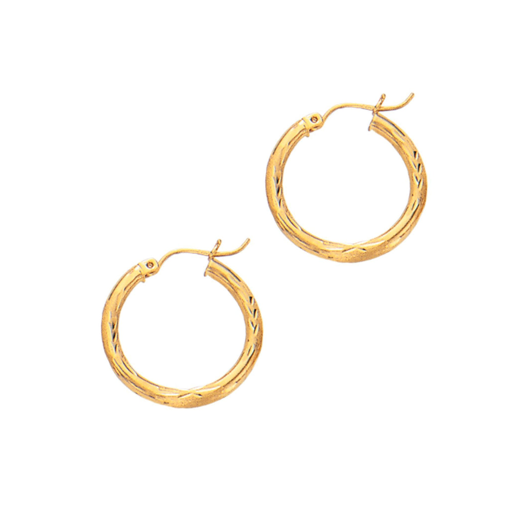 14Kt Yellow Gold 2X15mm Shiny Diamond Cut Round Tube Hoop Earring with Hinged Clasp