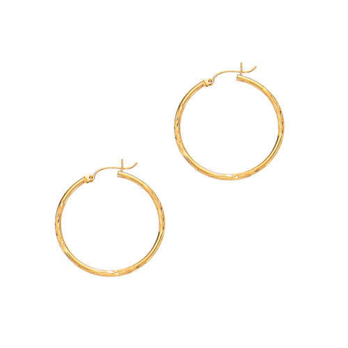 14Kt Yellow Gold 2X30mm Shiny Diamond Cut Round Tube Hoop Earring with Hinged Clasp
