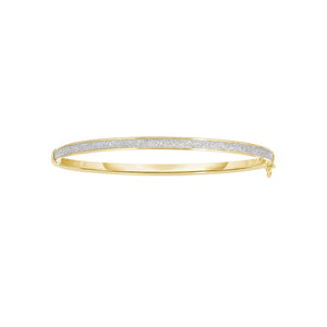14kt Yellow Gold 3.82mm Shiny Oval Shape Bangle with Side Clasp+White Glitter