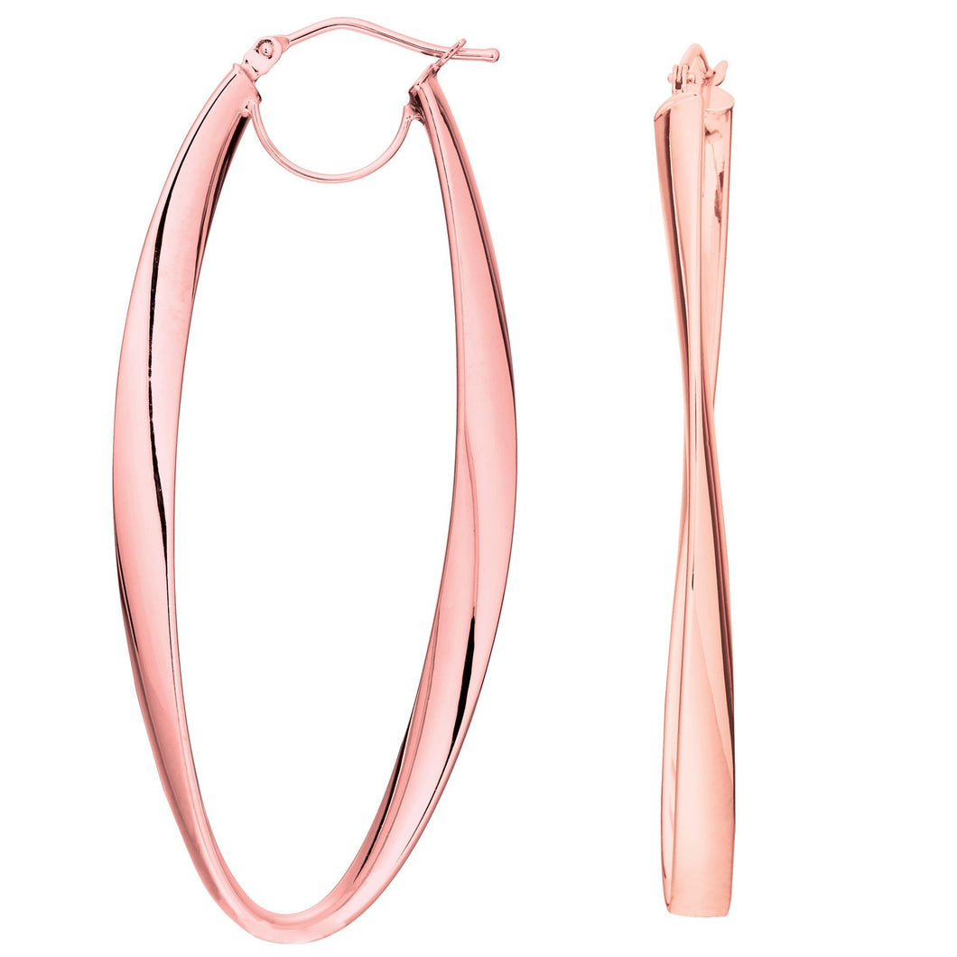 14K Rose Gold Shiny Long Oval Freeform Hoop Earring with Hinged Clasp