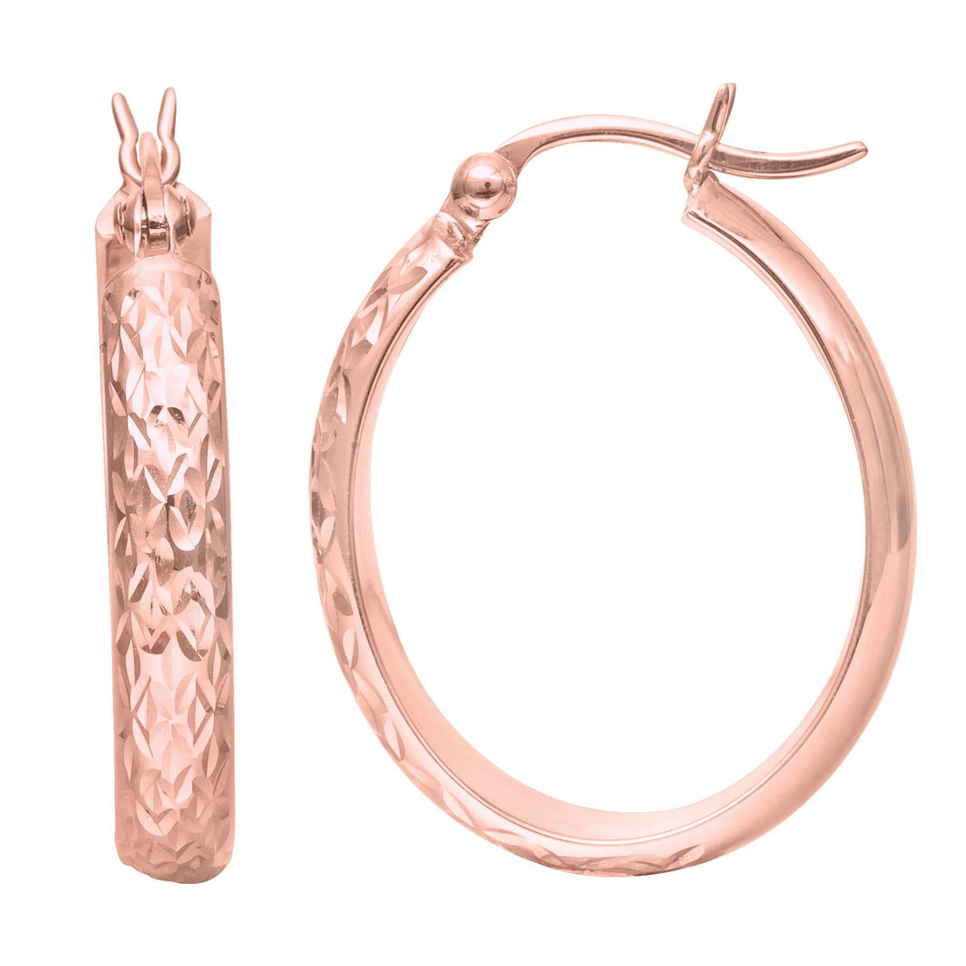 14K Rose Gold Shiny Textured Fashion Sparkle Oval Shape Hoop Earring with Hinged Clasp