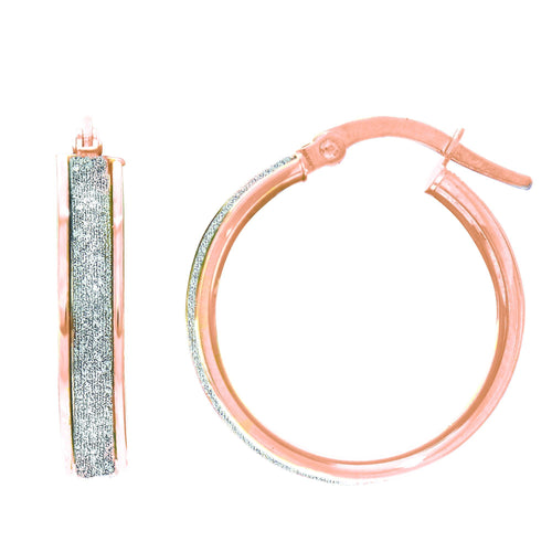 14Kt Rose Gold 3.75X16mm Shiny Round Hoop Earring with White Glitter with Hinged Clasp
