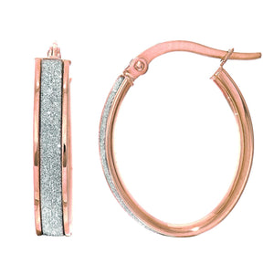 14Kt Rose Gold 3.75X14X17mm Shiny Oval Hoop Earring with White Glitter with Hinged Clasp