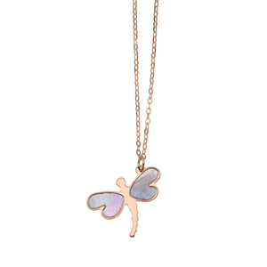 14K Rose Gold 18" La Perla Pink Mother of Pearl Dragonfly Necklace with Extender