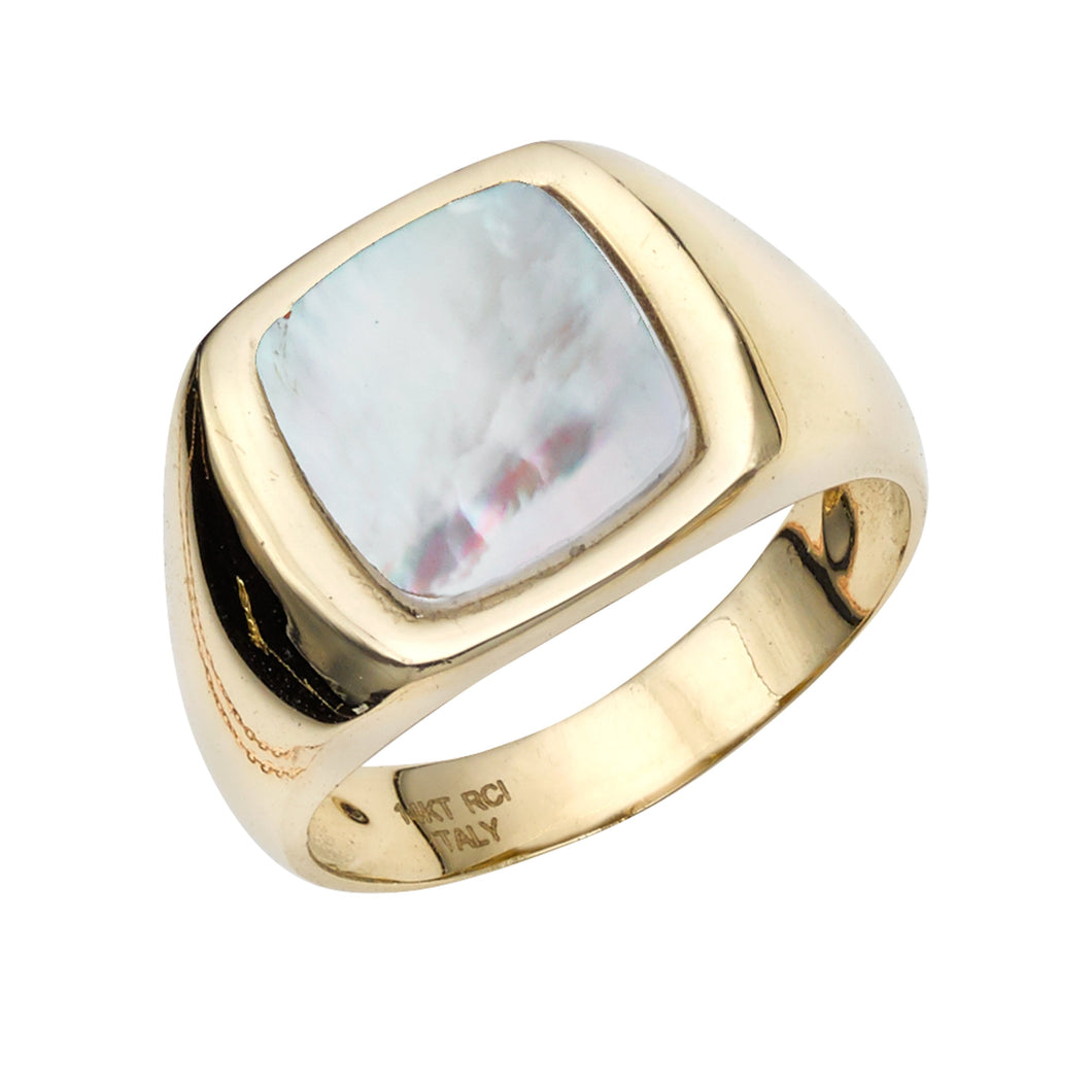 14K Yellow Gold Small Square White Mother of Pearl Ring