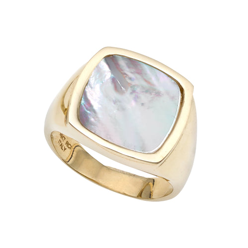 14K Yellow Gold Large Square White Mother of Pearl Ring