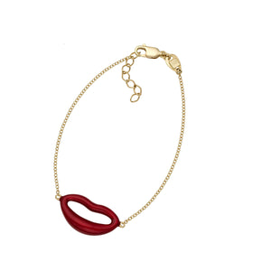 14K Yellow Gold 7" Lipstick Red Enamel Italian Kiss Bracelet with Extender