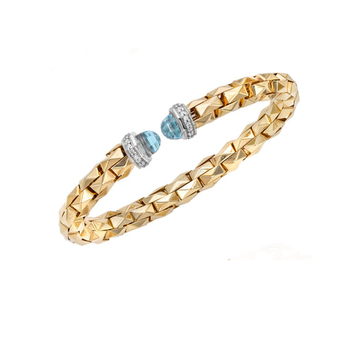 14K Yellow Gold .30CT Diamond & Blue Topaz Pyramid Cuff Bangle