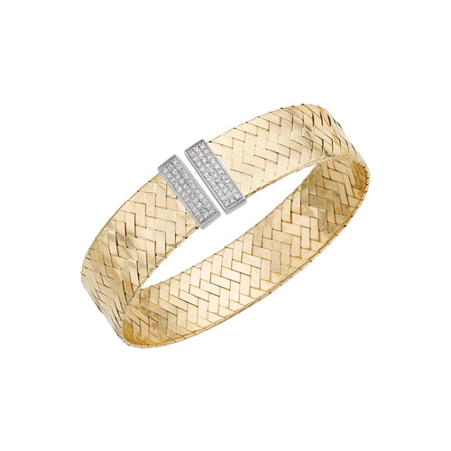 14K Yellow Gold .50CT Diamond Basketweave Wide Cuff Bangle